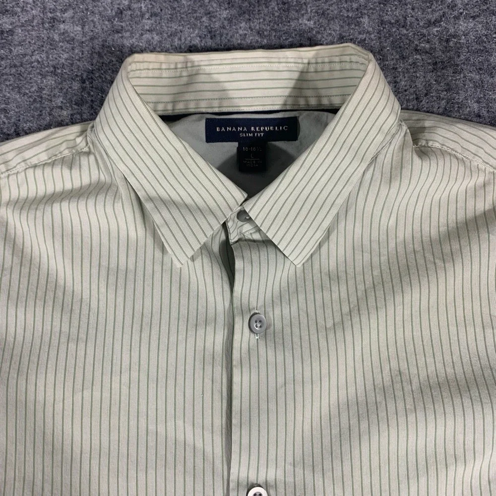 Banana Republic Shirt Mens Large Green Pinstripe Slim Fit Button Up Long Sleeve